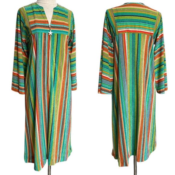 70s vintage stripe towel bell sleeve caftan dress terry cloth multicolour loose. - Picture 5 of 6